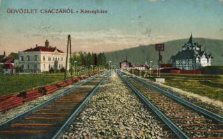 Csaca, Csacza; Községháza, vasút / town hall, railroad