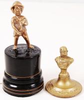 2 db mini réz asztali mellszobor (Pisilő kisfiú, Ferenc József)