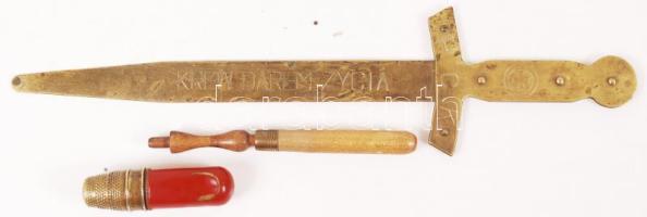 Horgolótű fa tokban, mini varrókészlet, réz papírvágó kés