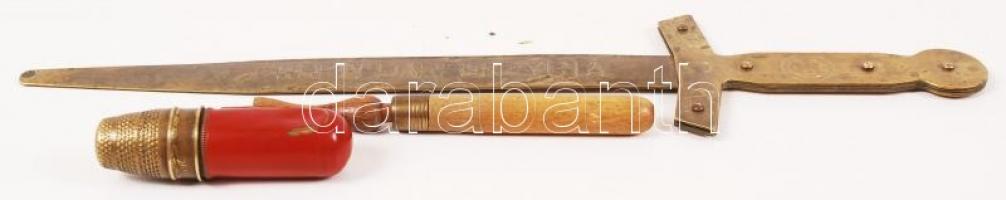 Horgolótű fa tokban, mini varrókészlet, réz papírvágó kés