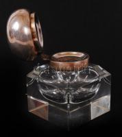 Nagyméretű, ezüstözött, asztali üveg tintatartó szép állapotban / Ink holder 13 cm