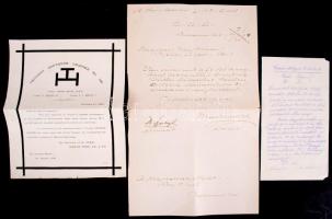 cca 1900 3 db szabadkőműves dokumentum: A Szent István páholy főmestere és titkára által aláírt levél, A Corvin Mátyás páholy sokszorosított levele, szabadkőműves halotti értesítő / Freemaison documents