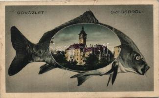 2 db régi képeslap (Szeged városkép, II. világháborús grafikai lap)