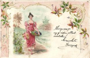 1899 Lady, Art Nouveau, floral, litho (small tear)