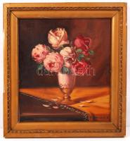 D. Benczúr jelzéssel: Virágcsendélet. Olaj, karton, antik keretben, 25×22 cm