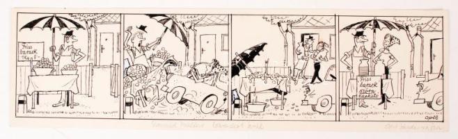 Gerő Sándor (1904-1977): Szomszéd Balázs barackot árul. Papír, tus, jelzett, 33x9 cm