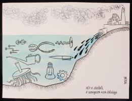 Pusztai Pál (1919-1970): Kép a jövőből, a szennyezett vizek élővilága. Papír, vegyes technika, jelzett, 30x40 cm