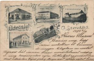 1898 Csíkszereda Nagy Gyula üzlete, honvéd laktanya, polgári leányiskola, vasútállomás, megyeháza / shop, military barracks, girl school, railway station, county hall, floral (wet damage)