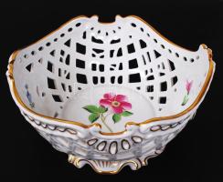 Herendi virágmintás áttört porcelán kosár, hibátlan, jelzett, 21x20 cm