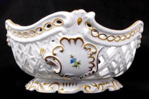 Herendi virágmintás áttört porcelán kosár, hibátlan, jelzett, 21x20 cm