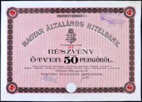 Budapest 1942. "Magyar Általános Hitelbank" 5 részvénye egyenként 50P-ről, szelvényekkel T:II