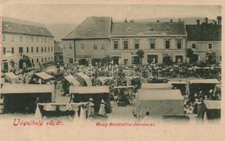 Vágújhely piac, Salvendy J. és fia kereskedése, Café Birman, takarékpénztár; Horovitz Adolf kiadása / market, shop, café, saving banks (wet damage)