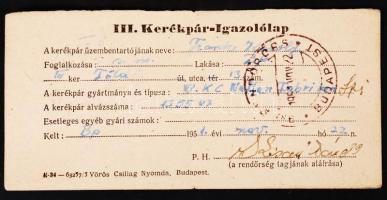 1928-1951 Bp., Kerékpár vásárlási számla (szakadt állapotban), kerékpár igazolólap a bicikli rendőrs...