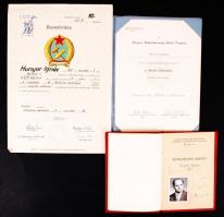 1953-1962 Bp., Vegyes okmány tétel (Magyar Szocialista Munkáspárt Marxizmus-Leninizmus Esti Egyeteme tanulmányi könyv, bizonyítvány nitrokémiai ipartelepek középfokú időelemző tanfolyam kiváló elvégzéséről, Munka Érdemérem kitüntetés)