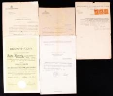 1927-1944 Vegyes okmány tétel (Postatiszti kinevezés, kártalanítási  határozat, Országos Gyermekvédő Liga igazolása, Bp. Gázművei által kibocsátott műszaki tisztviselői kinevezés, légoltalmi segélyosztagparancsnoki tanfolyam bizonyítványa)