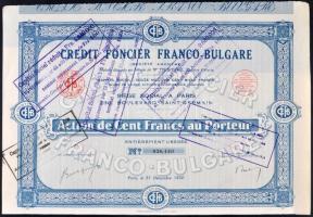 Franciaország 1930. "Credit Foncier Franco-Bulgare" Részvénye 100Fr-ról felülbélyegzésekkel szelvényekkel T:II France 1930. "Credit Foncier Franco-Bulgare" share about 100 Francs with stamping with coupons C:XF