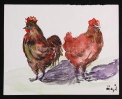 Szőnyi Jenő (1902-?): Tyúkok. Akvarell, papír, jelzett, 17×23 cm