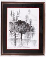 Makovecz Imre: Márton Áron az Igazai útján. Nyomat, papír, jelzett, üvegezett keretben, 59×45 cm