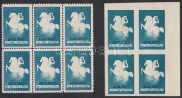 1938 Magyar Nemzeti Nyomtatványkiállítás türkiz levélzáró fogazott hatostömb + ívsarki vágott négyestömb