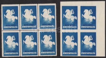 1938 Magyar Nemzeti Nyomtatványkiállítás kék levélzáró fogazott hatostömb + ívsarki vágott négyestömb