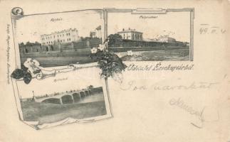 1899 Érsekújvár vasútállomás, kórház, híd; Mayer fényképész kiadása / railway station, hospital, bridge, floral