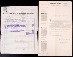 1892, 1920 Győr, Budapest, Arra vonatkozó kérelem, hogy a polgármesteri hivatal és az alá rendelt hatóságok újsághirdetései a Budapesti Hírlapban is megjelenjenek; Calderoni Mű- és Tanszervállalat Részvénytársaság fejléces számlája