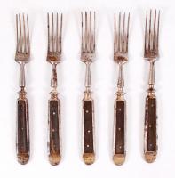 5 db régi vas villa, nyelében fa berakással, h: 20 cm