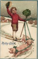 4 db régi üdvözlőlap, ebből 2 litho és dombornyomott / 4 greeting cards, between them 2 embossed and litho cards