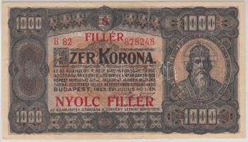 1923. 1000K T.W. nyomdahely jelöléssel és "8 FILLÉR - NYOLC FILLÉR" felülnyomással T:III(szép paípr,hajtásnál beszakadás)