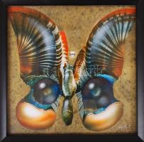 Végvári Tamás (1962-): Pillangó. Olaj, műanyaglemez, jelzett, üvegezett keretben 15×14 cm