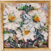 Tarcsányi Otília: Margaréták. Olaj, farost, jelzett, újszerű keretben, 13×9 cm