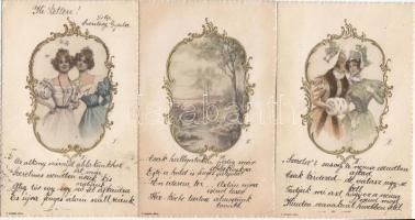 6 db RÉGI, hölgyeket ábrázoló dombornyomott motívum lap / 6 old motive cards, ladies, embossed cards