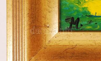 Magén István (1946-): Tájkép. Tűzzománc, réz lemez, újszerű dekoratív keretben, 17×12 cm