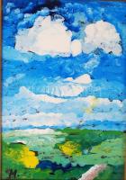 Magén István (1946-): Tájkép. Tűzzománc, réz lemez, újszerű dekoratív keretben, 17×12 cm