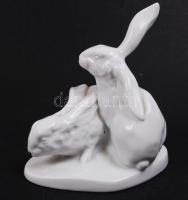 Herendi nyuszi pár, fehér mázas, jelzett, hibátlan, m:14 cm, h:12 cm / Herend white rabbit