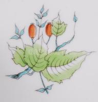 Herendi csipkebogyó mintás füles tál, kézzel festett, jelzett, hibátlan, 17×20 cm