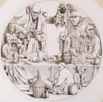 Rékassy Csaba (1937-1989): Borozó. Rézkarc, papír, jelzett, üvegezett keretben d:18 cm