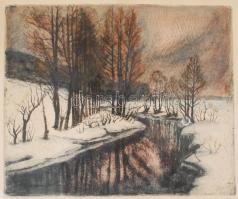 Élesdy István (1912-1987): Téli táj. Rézkarc, papír, jelzett, üvegezett keretben, 27×33 cm