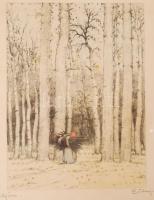 Csillag József (1894-1977): Rőzsehordó. Színezett rézkarc-papír, jelzett, üvegezett keretben, 23×18 ...