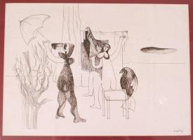 Zemplényi Magda (1899-1966): Eső közeleg. Tus, papír, jelzett, üvegezett keretben 27×38 cm