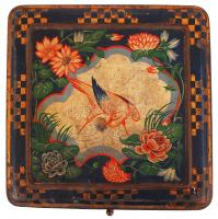 Retró japán teás doboz, nagy méretű fém, közepes állapotban, m:25 cm, 21×21 cm