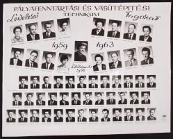 1963 Pályafenntartási és Vasútépítési Technikum levelező tagozatának végzős hallgatói, a tablóképen 54 portrékép, névaláírásokkal, 23x30 cm