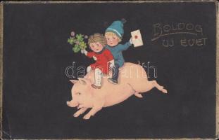 New Year, children on pig back, litho (EK)