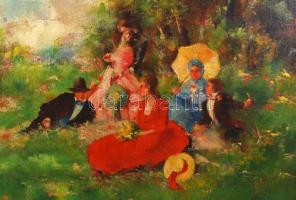 Pirhalla Nándor (1884-?): Piknik. Olaj, vászon, jelzett, sérült antik keretben, 53×68 cm