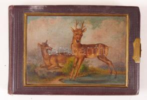 cca 1900 Régi vizitkártya fotó album 48 férőhelyes, címlapján akvarellel, csatos / Vintage photo album for small photos