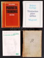 4 db könyv-Ormos Mária: Padovától Trianonig 1918-1920. Második, változatlan kiadás. Bp., 1984, Kossuth. Kiadói kartonált, védőborítóval,jó állapotban; Konrád György: Antipolitika, Az autonómia kísértése. 1989, Codex. Kiadói papírkötés, jó állapotban; Száraz György: Történelem jelen-időben. Bp., 1984, Magvető. Kiadói egészvászon, védőborítóval, jó állapotban; Bakos Ferenc (szerk.): Idege szavak kéziszótára. Bp., 1961, Kossuth. Kiadói egészvászon, kopottas állapotban.