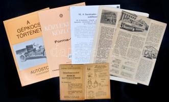 cca 1950-1994 Közlekedéssel kapcsolatos nyomtatványok, 5 db (A gépkocsi története, Közlekedési Közlöny, Világjáró Magyar Autóbuszok, Bosch Matteriezünder)