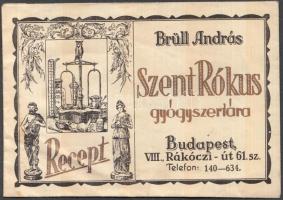 cca 1920-1930 Brüll András Szent Rókus gyógyszertára receptboríték