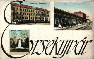 Érsekújvár, vasútállomás, Czuczor-szobor, Főgimnázium / railway station, Czuczor statue, grammar school