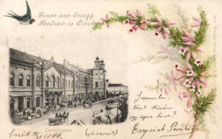 1899 Eszék, Essegg, Osijek; Comitatsgasse / street, synagogue; floral litho